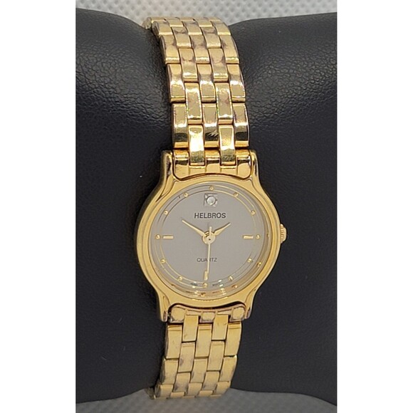 Womens Helbros 02921D Round Gold Tone Gray Dial Link Bracelet Analog Watch 01